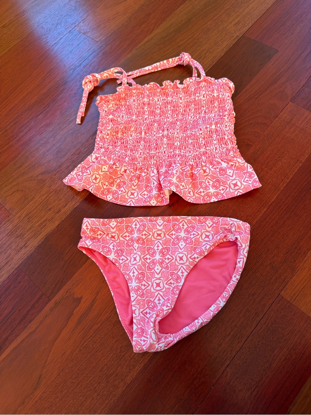 Vineyard Vines Pink Patterned Girls Two-Piece Swim Set with smocking